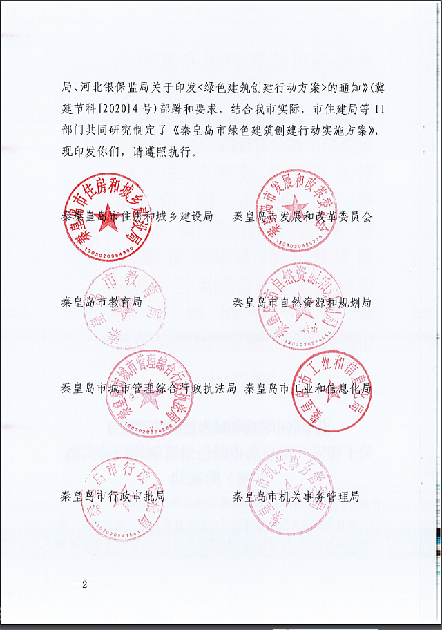 秦皇島市住建局等11部門關(guān)于印發(fā)《秦皇島市綠色建筑創(chuàng)建行動實施方案》的通知